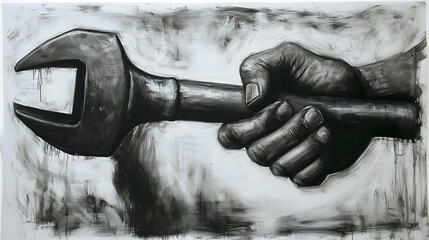 Strong hand gripping wrench, industrial setting, charcoal artwork, for construction or repair themes