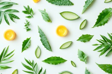Bright sunblock and aloe vera leaves pattern on a white background