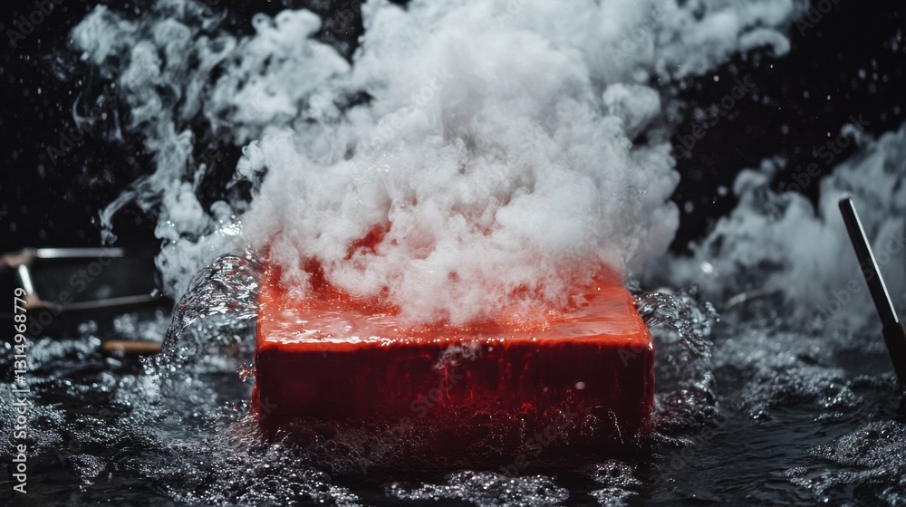 Poster Red hot metal billets submerged in water for tempering with clouds of steam rising and workshop tools scattered around
