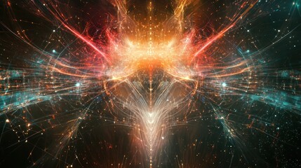 Abstract cosmic fractal design with vibrant colors and glowing streaks