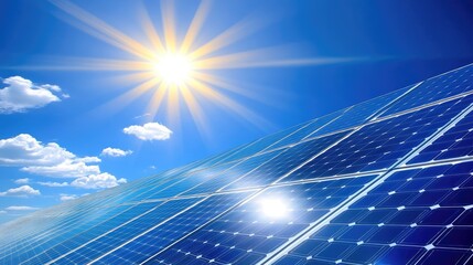 Solar panels absorbing sunlight in a vast solar farm under a bright blue sky.