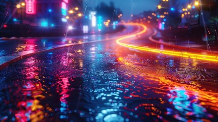 Reflective wet asphalt captures neon city lights, creating colorful streaks against a dynamic urban backdrop