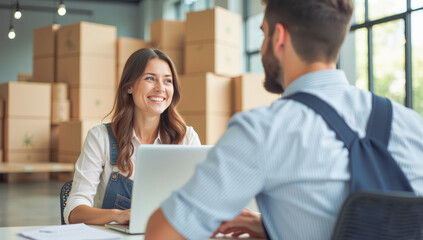 A female manager with a laptop talks to a loader worker in a warehouse with cardboard boxes and a white van