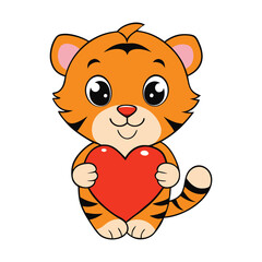 A cute tiger cub gently holds a heart in its paws, with big, playful eyes and a soft, fuzzy fur coat, exuding warmth, innocence, and affection in an adorable, heartwarming pose.