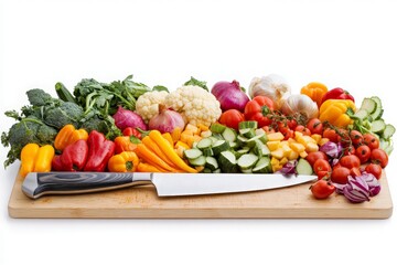 Colorful Array of Fresh Vegetables with Chef's Knife on Cutting Board - Perfect for Cooking Inspiration and Healthy Meal Preparation