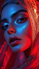 A woman wearing a red glittering veil with elaborate makeup