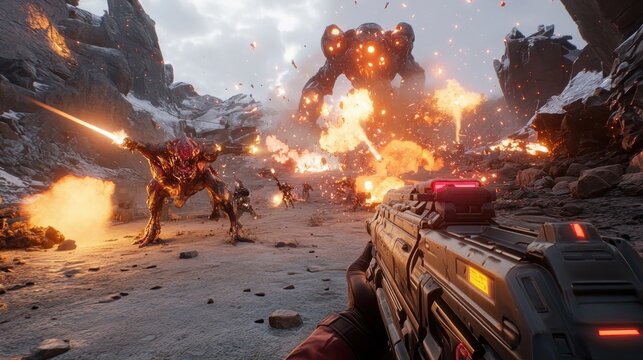 First-person shooter game, intense alien invasion, explosive combat