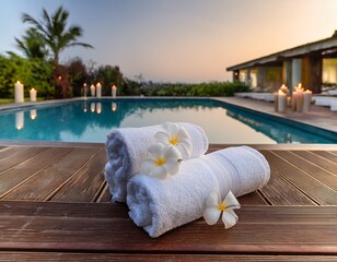 soft white towels neatly arranged beside a serene pool area with candles and fresh flowers in the background during a calm afternoon