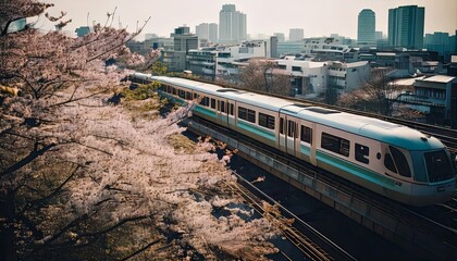 Naklejka premium A scenic urban view of a modern train passing through the city alongside cherry blossom trees in full bloom during golden hour.