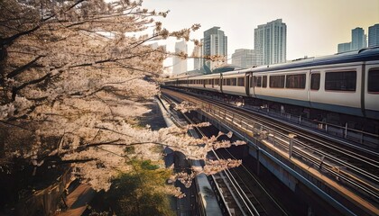 Fototapeta premium A scenic urban view of a modern train passing through the city alongside cherry blossom trees in full bloom during golden hour.