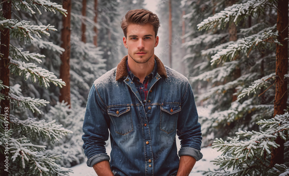 Poster man in a blue jacket is posing in a snowy forest. concept of solitude and tranquility, as the man st