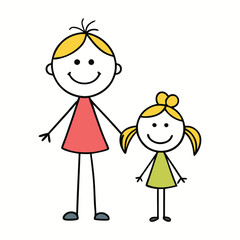 A stick-figure family: a loving mother, daughter, and son, holding hands and smiling together, symbolizing warmth, joy, and the strong bond of family unity and togetherness.