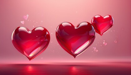 three red glass hearts floating on a pink background