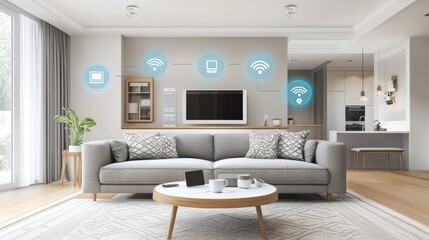 Fototapeta premium Wireless network connections in a smart home with IoT-enabled devices.