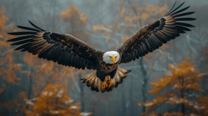 Obraz premium Majestic bald eagle in flight, wings spread wide against a muted autumnal backdrop.
