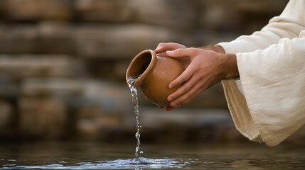 Hands gently pour cool water from a beautifully crafted clay pot into a peaceful, serene natural environment beneath the midday sun