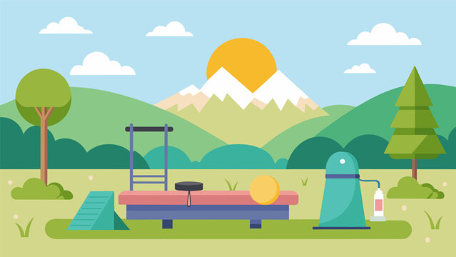 A serene outdoor setting for a Pilates session with equipment set up on a grassy scenic area for seniors to connect with nature while improving their strength and mobility.. Vector illustration