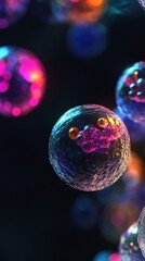 Naklejka premium Mesmerizing macro photograph of iridescent soap bubbles floating in dark space, illuminated with vibrant neon colors of pink, blue and turquoise creating magical bokeh effect.