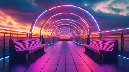 Obraz premium Sunset neon walkway with benches