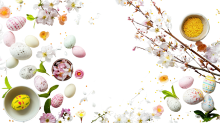 Easter eggs and spring flowers creating a frame on transparent background