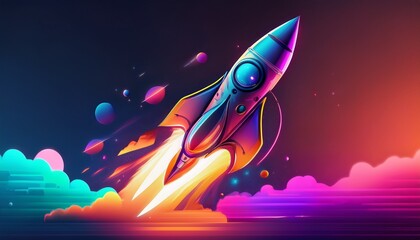 Fototapeta premium digital illustration of a rocket on a neon color background