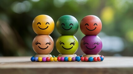 Colorful wooden figurines with smiling faces stacked on a table, adorned with colorful bead necklaces, creating a cheerful and playful scene against a blurred background.