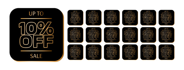 Square black card with rounded edges, discount percentages and details in gold letters.Up to 5, 10, 15, 20, 25, 30, 35, 40, 45, 50, 55, 60, 65, 70, 75, 80, 85, 90 percent off.
