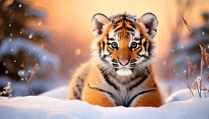 Obraz premium A stunning digital illustration of a young tiger cub resting on snowy ground, surrounded by a warm golden glow and a winter forest backdrop.