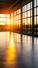 Fototapeta premium Sunset light reflecting on a polished floor in a spacious room with large windows overlooking a vibrant landscape