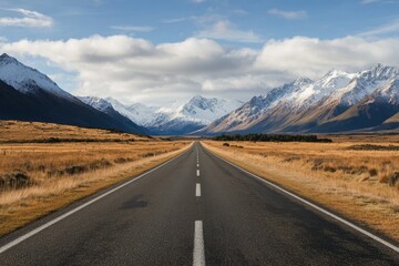 Fototapeta premium Endless Straight Path Leading to Snow-Capped Mountains in New Zealand