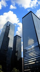 Obraz premium Skyscrapers shine under a bright blue sky with fluffy clouds in an urban setting during the afternoon