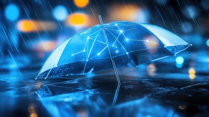 Rainy night scene featuring a glowing umbrella urban city streets creative photography wet environment close-up view modern concept