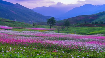 Fototapeta premium Serene Sunset over a Vibrant Flower Field in the Mountains