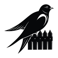 Swallow Resting on a Wooden Fence Silhouette on White Background