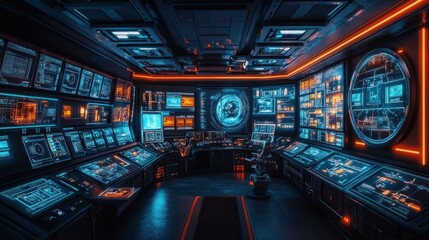 Fototapeta premium Futuristic control room with glowing screens and panels