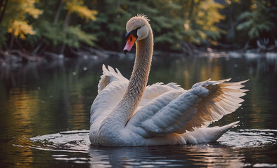 Swan is swimming in a lake. The swan is white and has orange beak