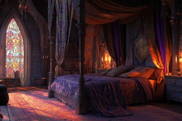 Enchanting Medieval Bedchamber: A Cozy Retreat with Draped Bed, Twinkling Candles, and Timeless Furniture