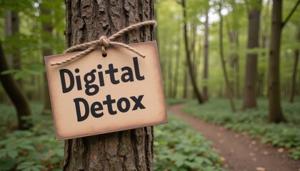 Sign for Digital Detox in Tranquil Green Forest Path for Nature Retreats and Wellness