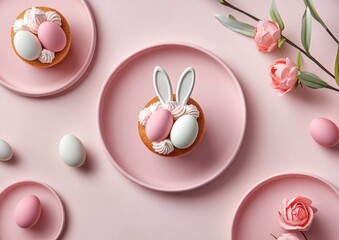 Easter Treats Flat Lay Pink Background with Cupcakes and Eggs