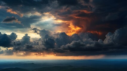 Majestic Sunset Illuminating Storm Clouds Over Serene Mountain Landscape in the Evening Sky