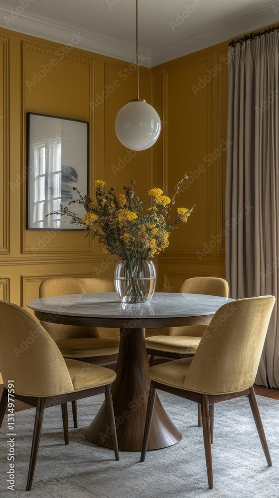 Poster warm yellow walls create an inviting atmosphere in this modern dining area, where a round wooden tab