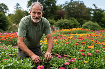Ein älterer Herr bei der Gartenarbeit im Blumenbeet