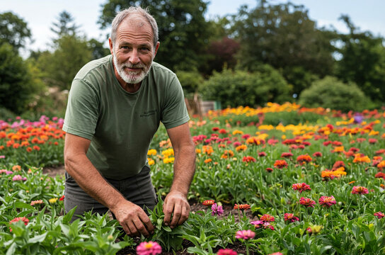 Ein &auml;lterer Herr bei der Gartenarbeit im Blumenbeet