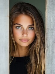 Naklejka premium Portrait of a young woman with blue eyes and long wavy hair, wearing a black top and positioned between vertical wooden planks with a soft green background
