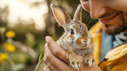 Man Holding Adorable Brown Rabbit Outdoors in a Nature Setting During Golden Hour