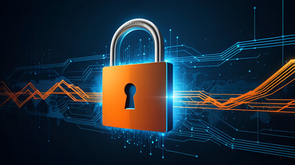 Glowing padlock icon amidst digital data streams, symbolizing cybersecurity in the modern digital landscape. Vibrant orange and blue hues create a striking contrast.