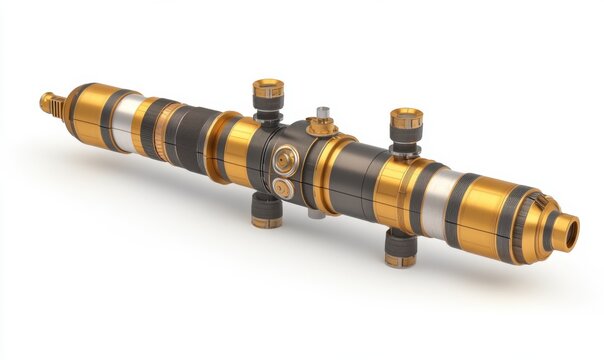 Gold & black industrial pipe fitting isolated on white for engineering projects