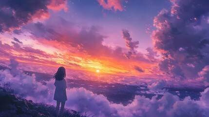 Fototapeta premium Girl silhouetted against vibrant sunset over a sea of clouds.