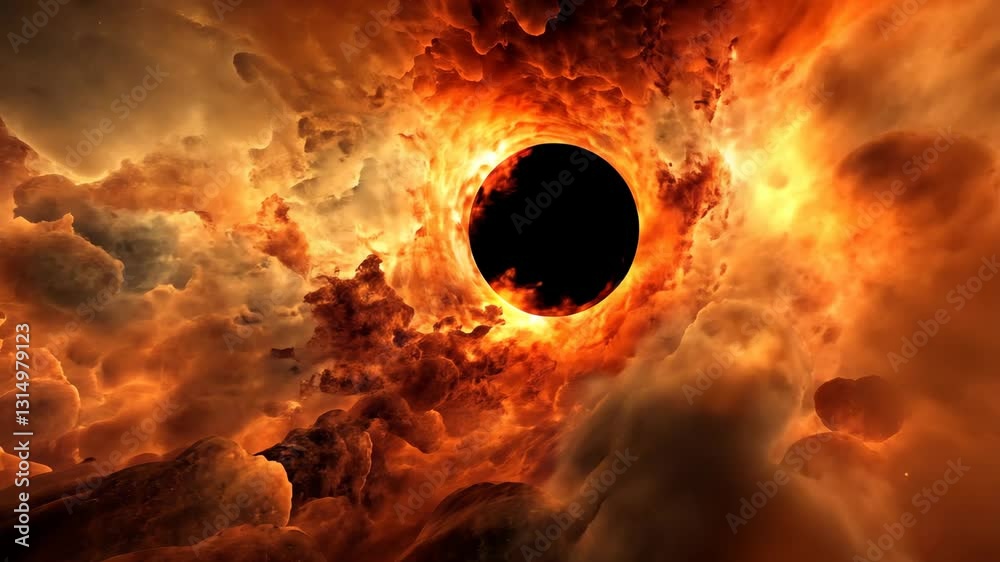 Wall mural cosmic event unfolds with a black hole surrounded by vibrant cosmic clouds and fiery elements