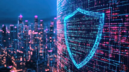 Cybersecurity shield over a city at night.  Digital protection concept